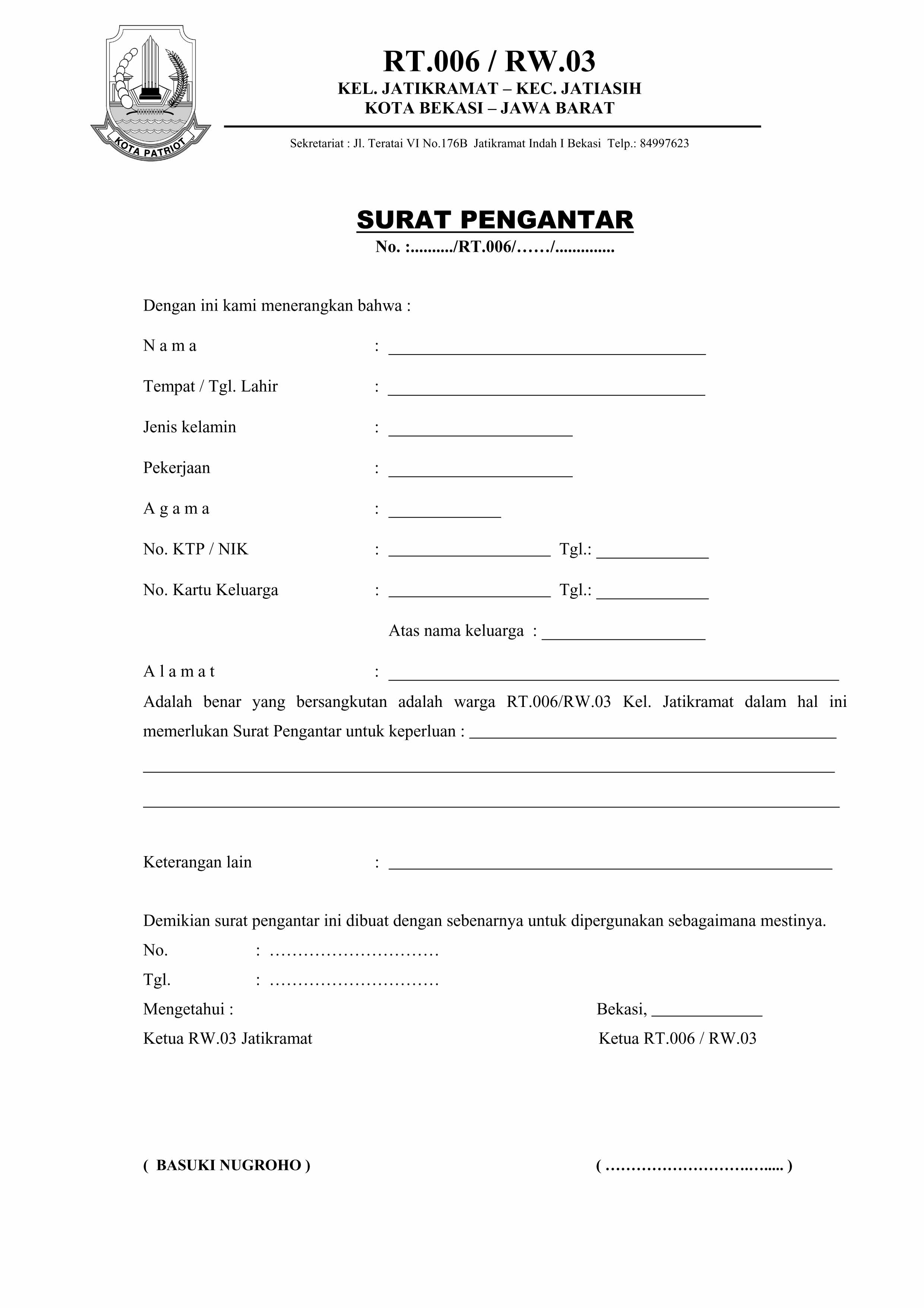 Form Surat Pengantar RT  RW03 Jatikramat Indah 1